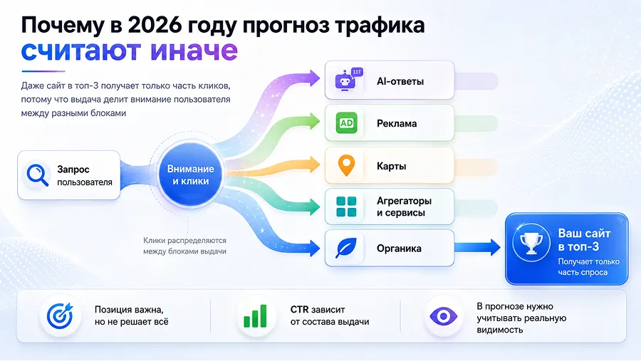 В 2026 году на клики влияет не только позиция сайта, но и весь состав поисковой выдачи